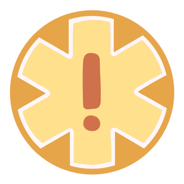 a yellow circle with a large medical alert asterisk inside it, and an exclamation point in the middle.